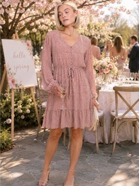 Mikarose Dusty Rose Long Sleeve V-Neck Maxi Dress